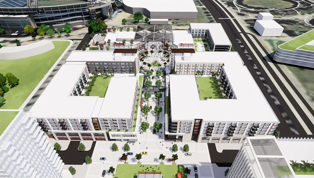 A rendering of the Lot J development looking east toward TIAA Bank Field shows two apartment buildings leading to a Live! District entertainment center, retail, hotel and office space.