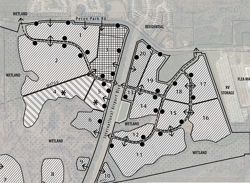 A map of the development at Pecan Park Road and International Airport Boulevard.