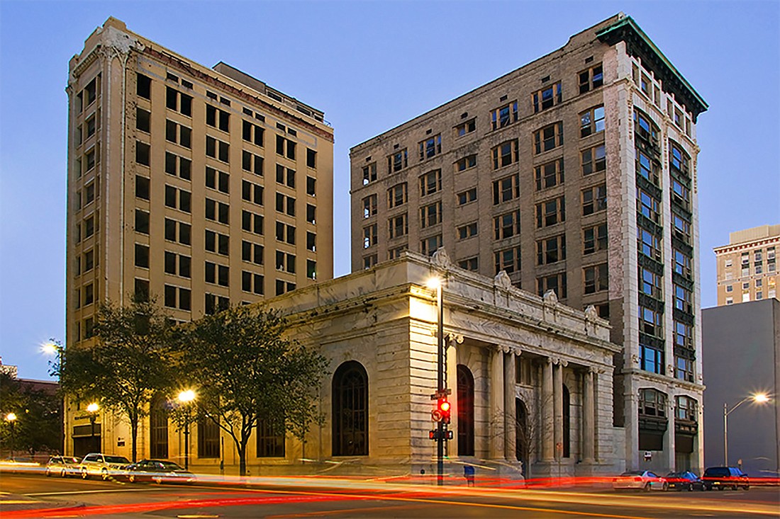 The Laura Street Trio at 51 W. Forsyth St. Downtown comprises the Florida Life Building (left), the Bisbee Building and the Marble Bank Building (front).