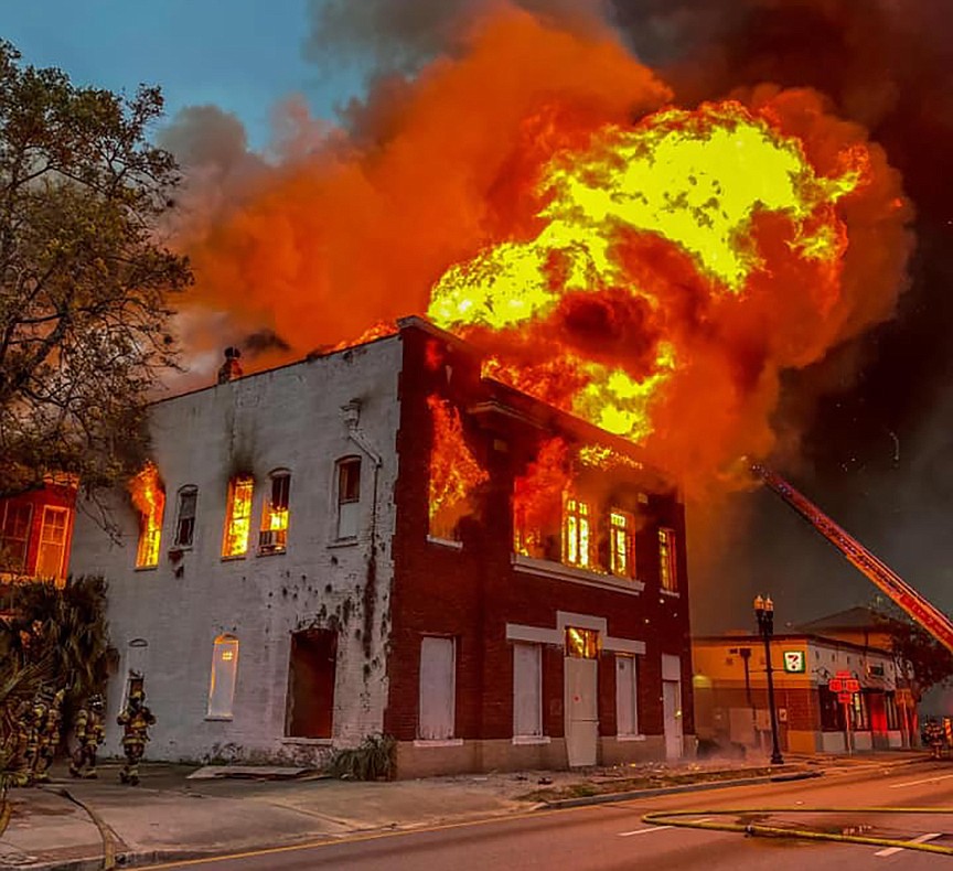 Jacksonville-based J.B. Coxwell Contracting Inc. seeks a permit to demolish what remains of the fire-damaged historic Moulton and Kyle Funeral Home Downtown. (JFRD photo)