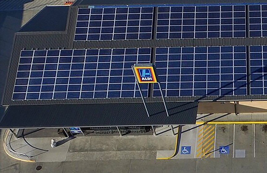 Solar panels on the roof of an Aldi in Tweed Heads, Australia. The retailer will be adding the panels to two stores in Jacksonville. (Trinasolar)