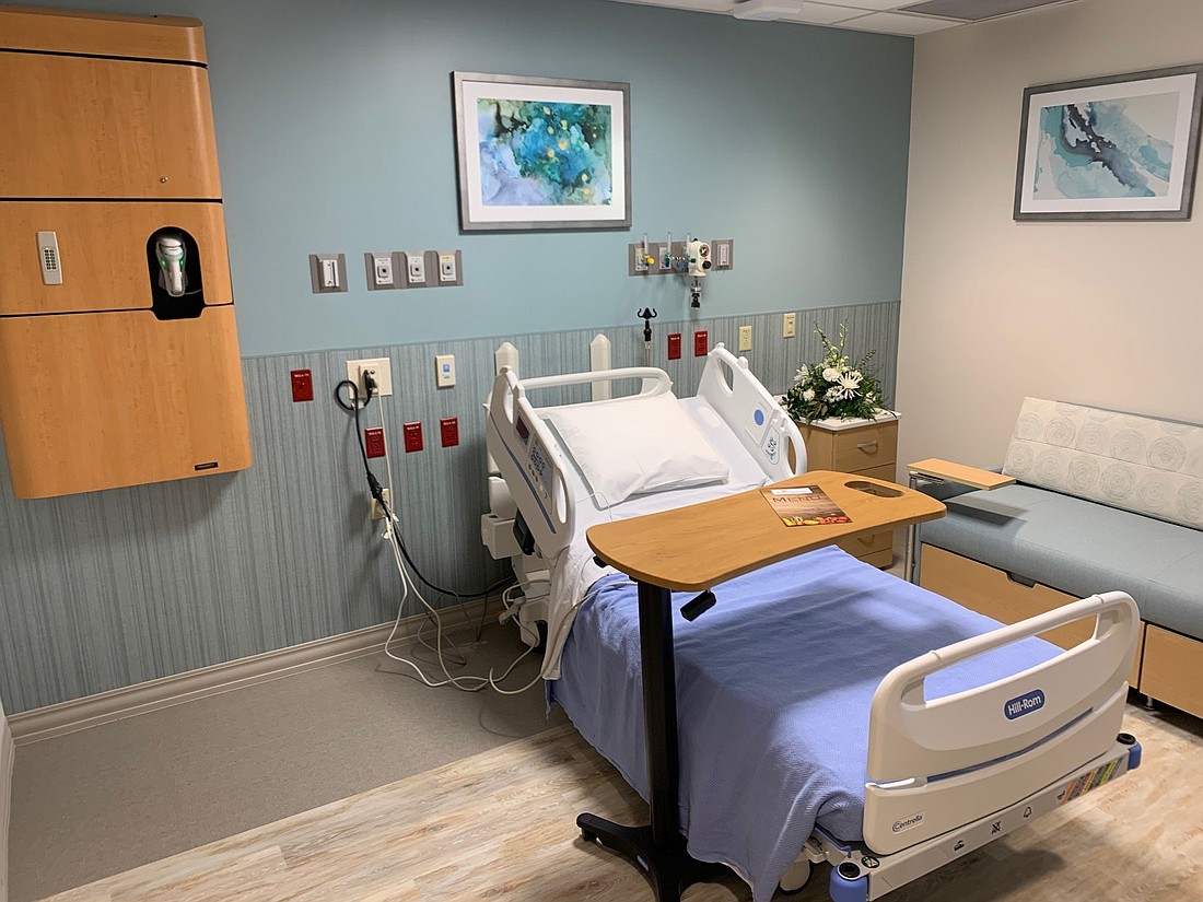 A patient room in Orange Park Medical Center&#39;s five-story tower.
