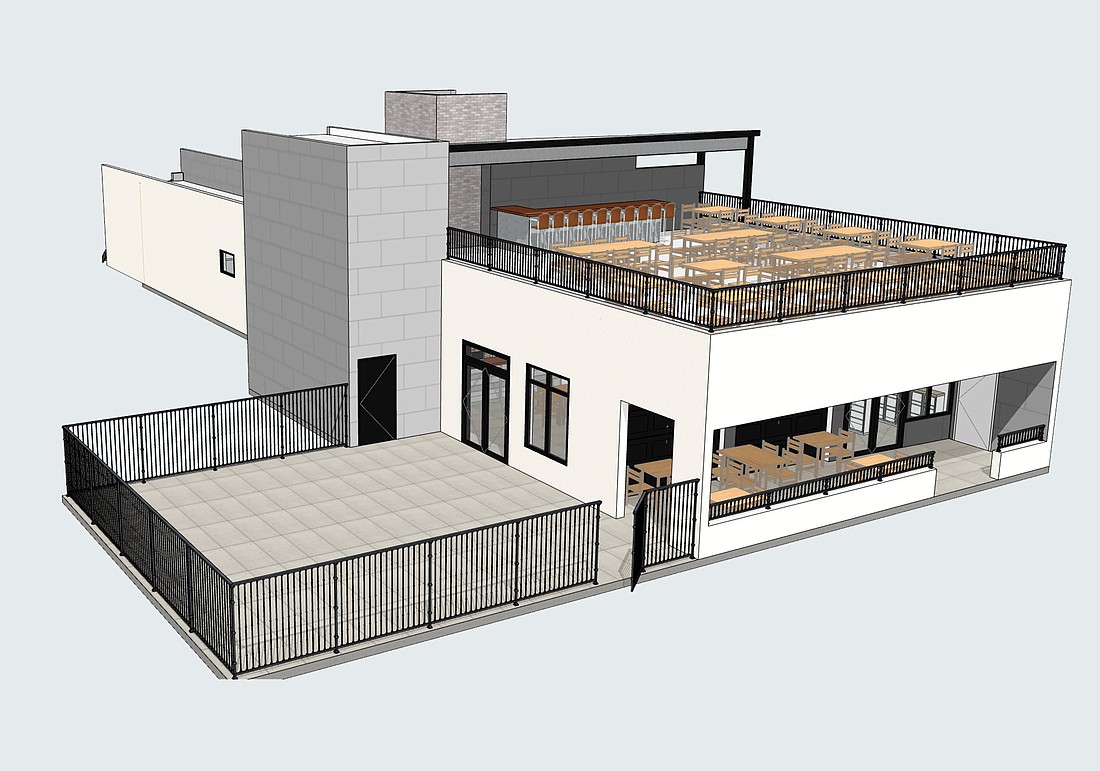 An artistâ€™s rendering of the expanded Main & Six Brewing Company at 1636 N. Main St. The project includes a rooftop beer garden and outdoor patio.