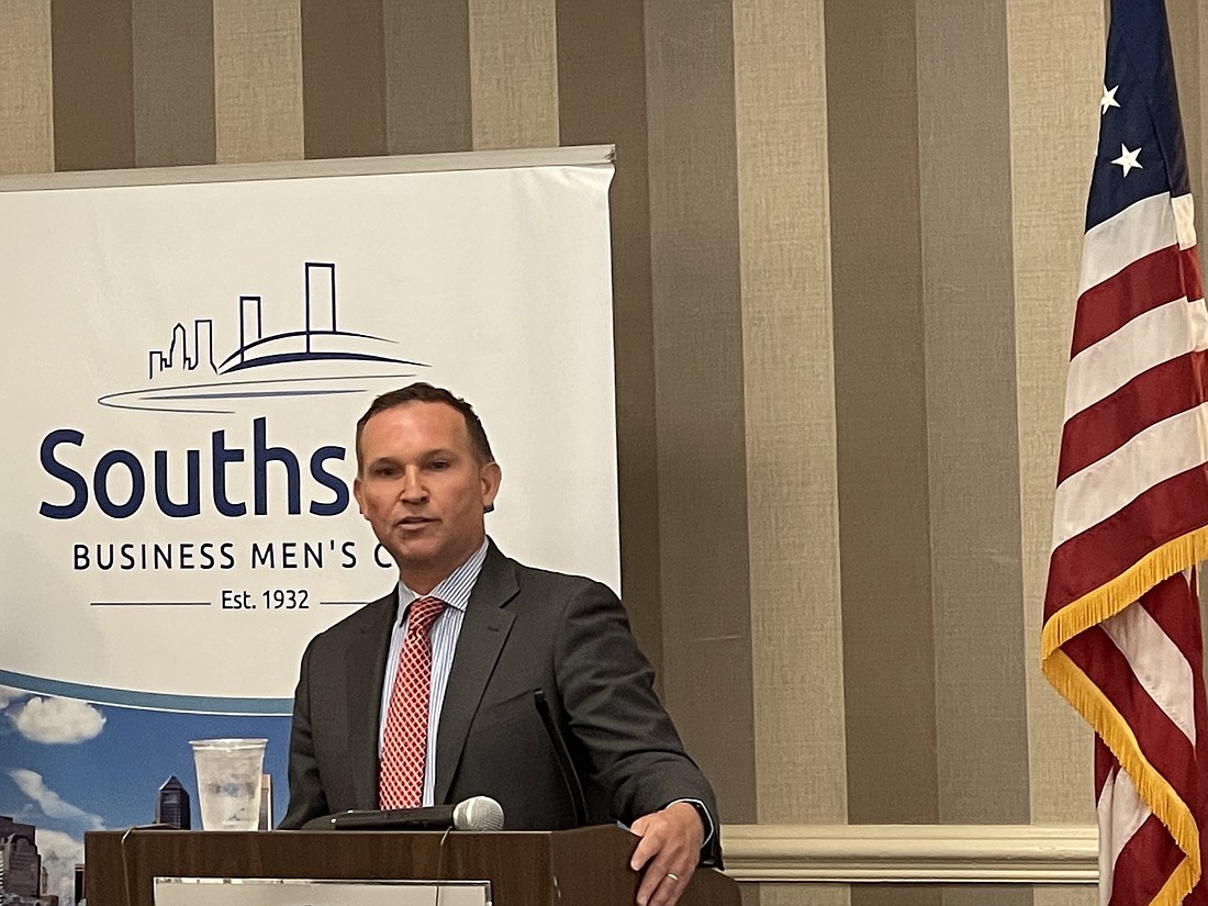 Jacksonville Mayor Lenny Curry speaks to the Southside Business Menâ€™s Club on March 30.