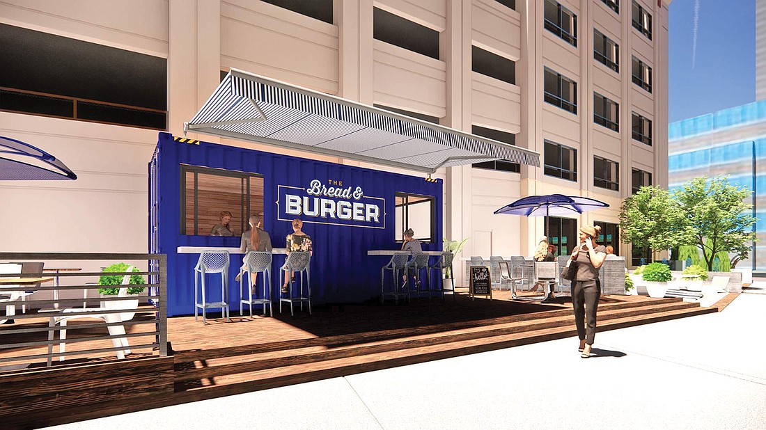 An artist&#39;s rendering of The Bread & Burger the breezeway that runs from the 100 W. Bay St. building to Independent Drive.