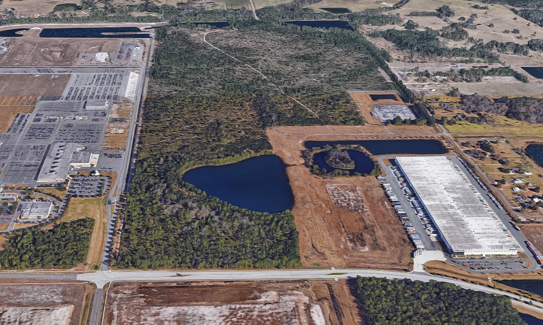 A satellite image of the Florida Gateway Logistics Park site. Pritchard Road is in the foreground. (Google)