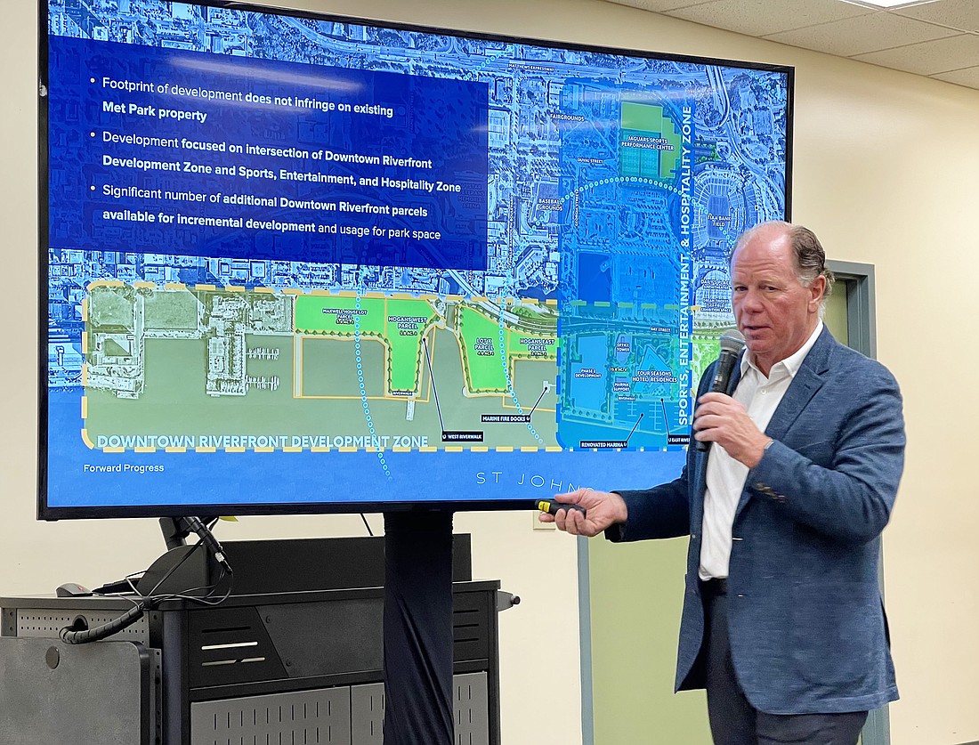 Jaguars President Mark Lamping speaks about the team&#39;s Downtown development plans at a town hall meeting June 15 in Arlington at the Regency Square Branch Library.