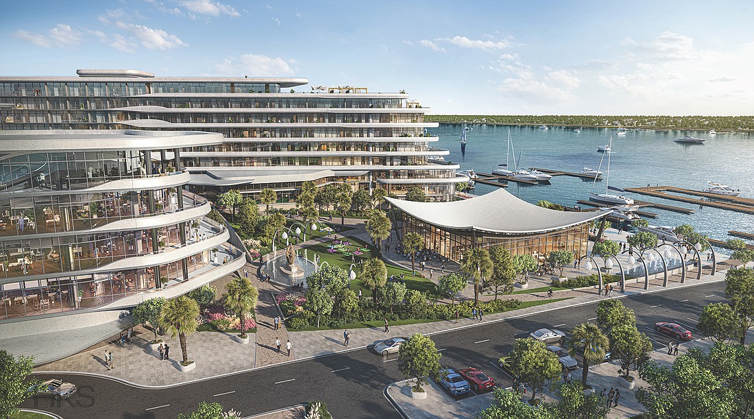 An artist&#39;s rendering of the Four Seasons hotel, office and marina buildings.