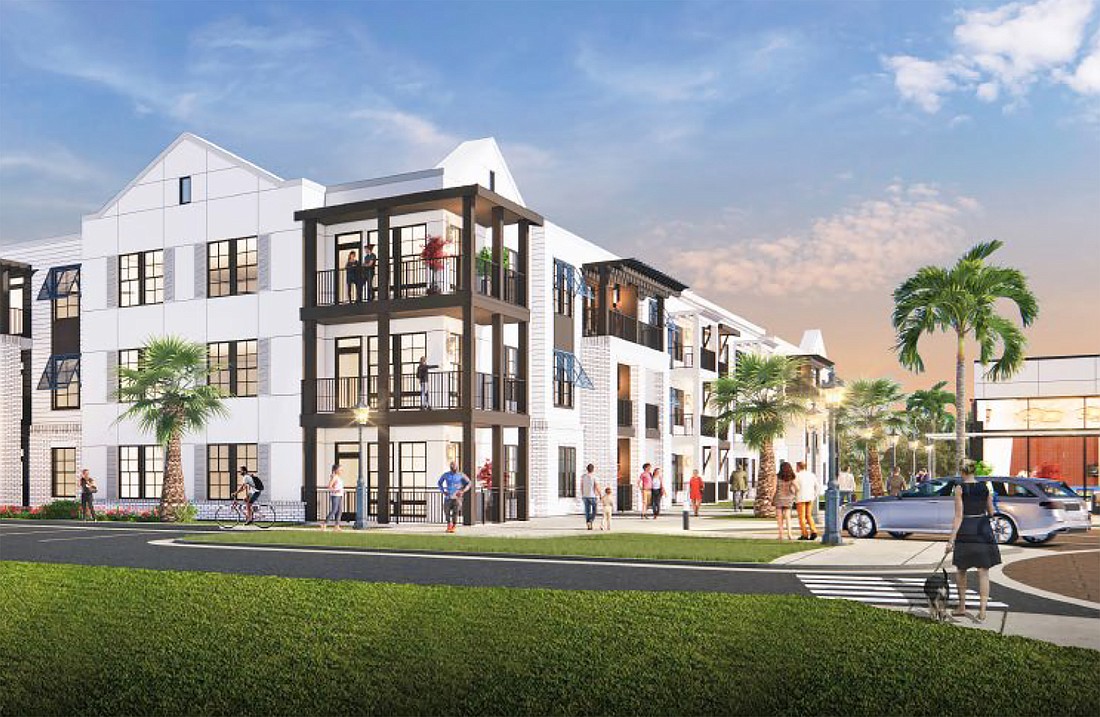 Plans show the four multifamily buildings, a ground-floor leasing, club and fitness center on the ground floor and an outdoor pool.