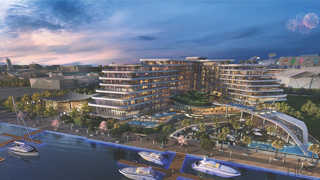 An artistâ€™s rendering of the Four Seasons Hotel and Residences along the St. Johns River south of TIAA Bank Field. Room rates at the luxury hotel chain can exceed $1,000 a night.