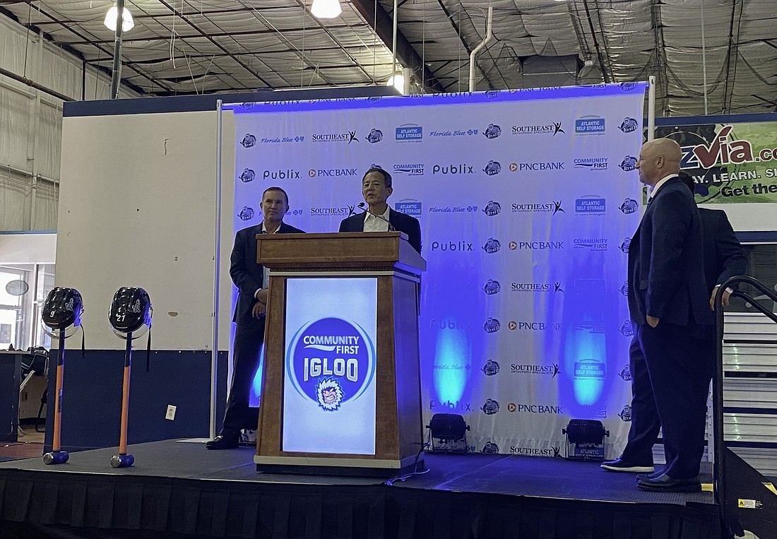 Community First President and CEO John Hirabayashi announces the naming rights deal while Jacksonville Mayor Lenny Curry listens Aug. 2 at the Jacksonville Ice & Sportsplex .