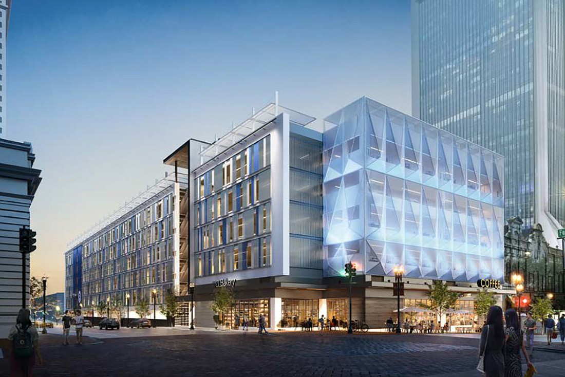 An artist&#39;s rendering of the VyStar Credit Union parking garage planned at at 28 W. Forsyth St. Downtown.
