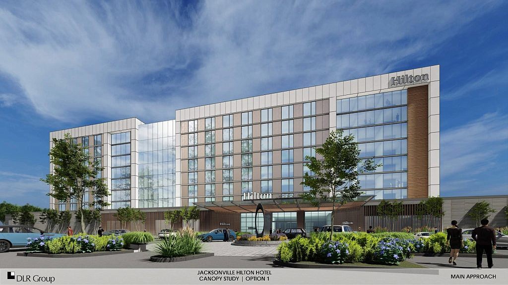 An artist&#39;s rendering of the Mayo Clinic Jacksonville Hilton hotel, planned to open in early 2024.