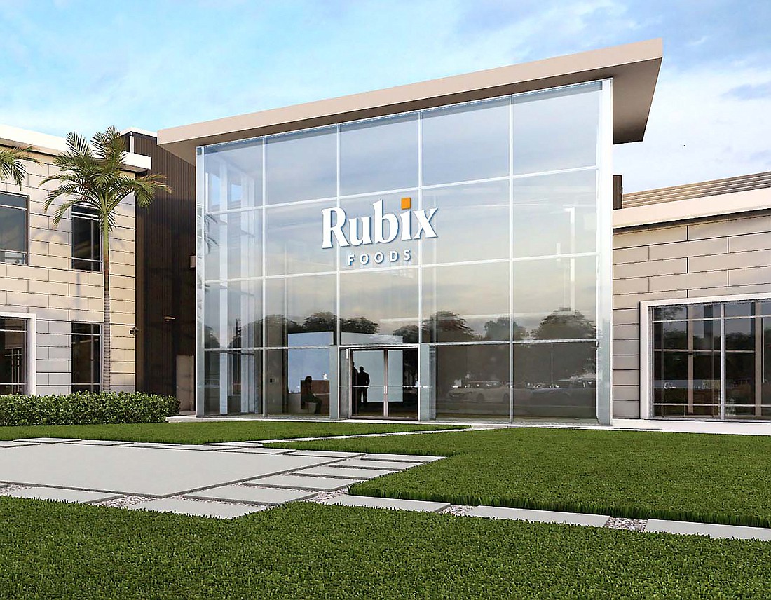 An artist&#39;s rendering of the entrance to the  Rubix Foods headquarters in Flagler Center with the new signage.