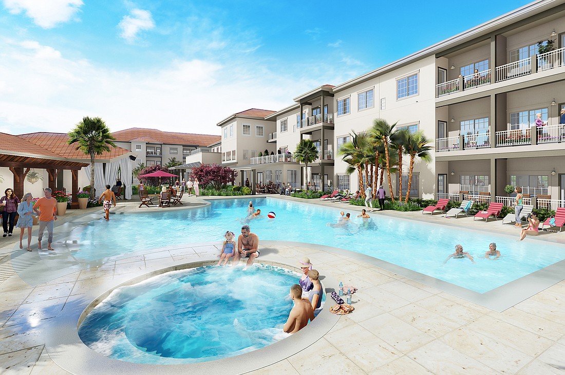 A rendering of the courtyard pool at Windsor Pointe independent living at 4060 San Pablo Parkway.