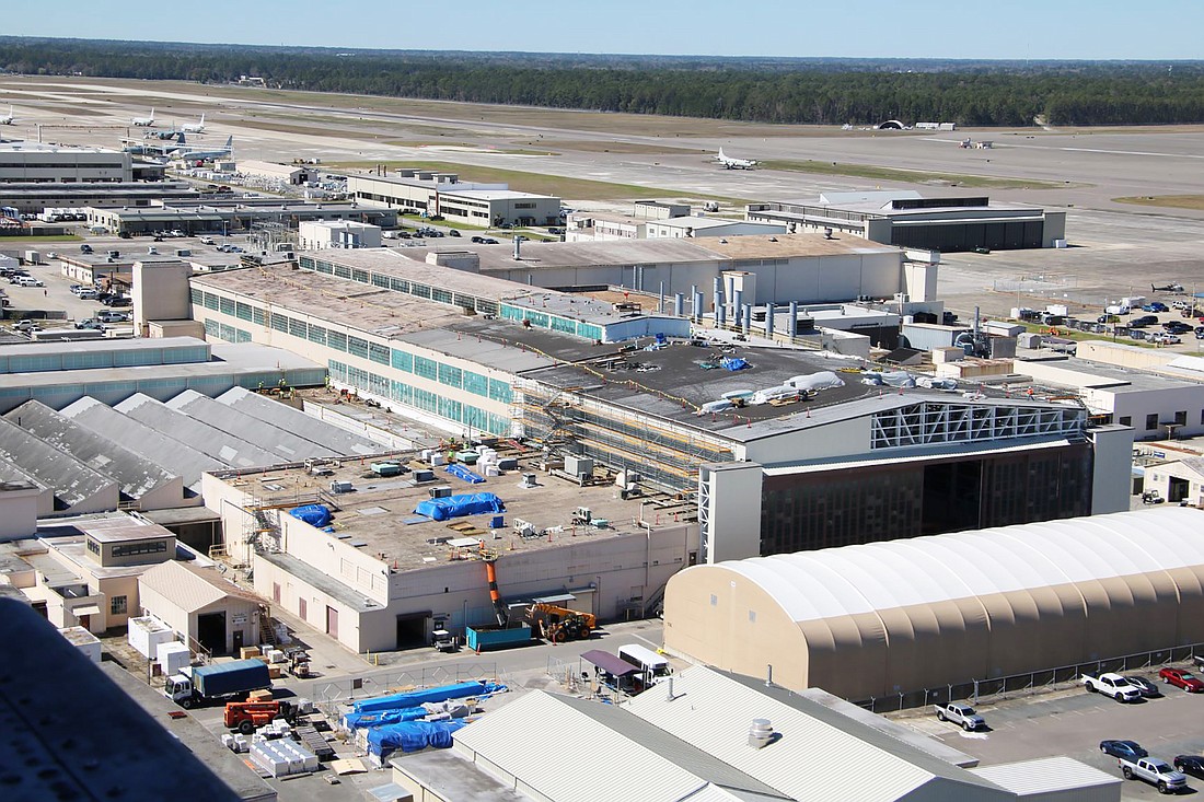 Fleet Readiness Center Hangar 101 is the long warehouse structure in the center.