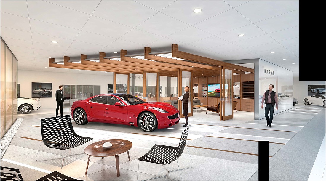An artistâ€™s rendering of the Karma Automotive dealership planned at 11619 Beach Blvd near Interstate 295. Karma plans to renovate the 16,481-square-foot Classic Home Furniture building at the site. The furniture store is closing.