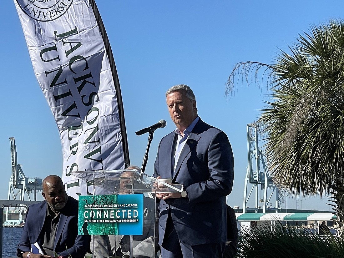Jacksonville University President Tim Cost announces a partnership Nov. 15 with JaxPort on the JU campus for a St. Johns River environmental and economic awareness program called â€œConnected.â€