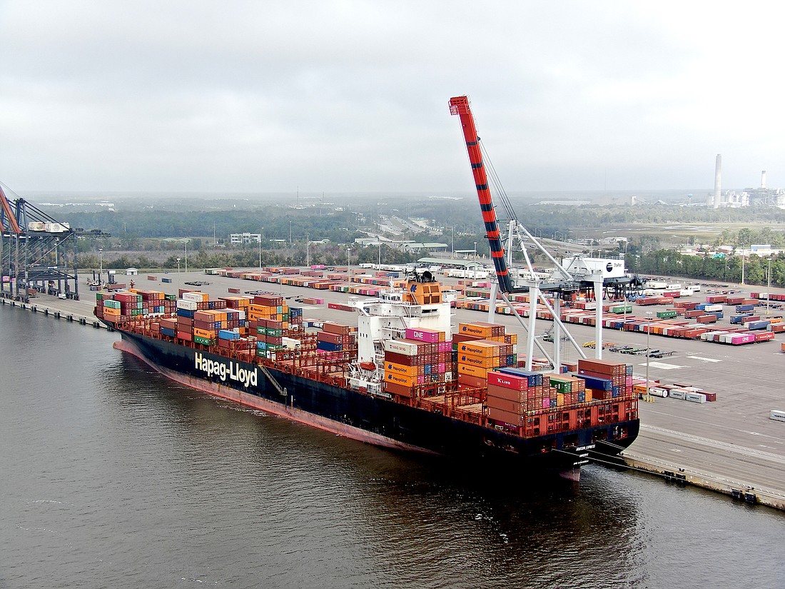 The Hudson Express container ship docks at JaxPort&#39;s TraPac Container Terminal at Dames Point.