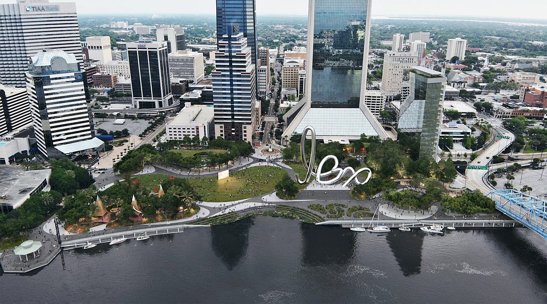 An aerial view of the park design planned for the former Jacksonville Landing site Downtown.