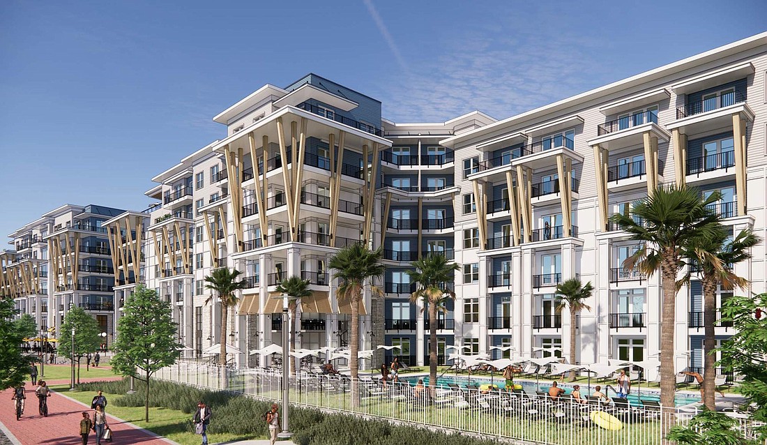 The pool area along the St. Johns River Northbank Riverwalk at the One Riverside development. The projectâ€™s first phase includes two multifamily buildings of 270 units, retail and a restaurant.