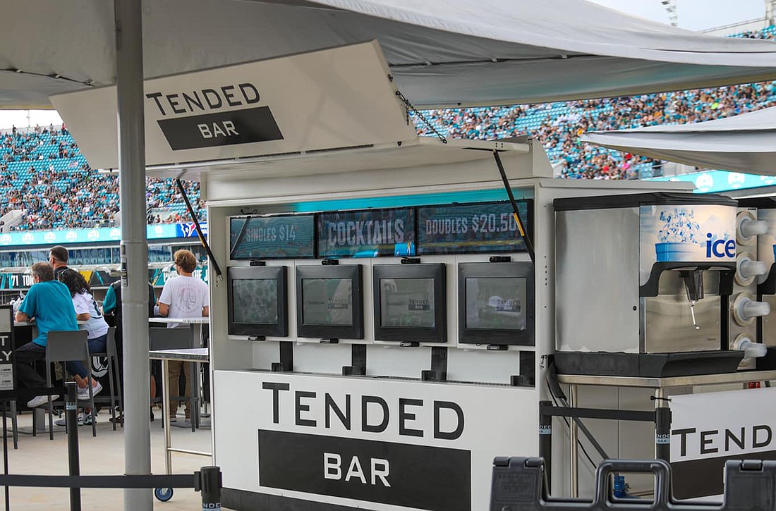 The Tended Bar station at a Jacksonville Jaguars game at TIAA Bank Field. Customers order using a touch screen and the drinks are dispensed by the machine.