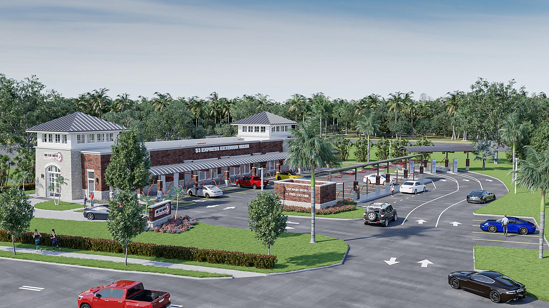 A rendering of the On The Move car wash planned at 8405 Beach Blvd., the site of a former gas station. On The Move will use a belt to send cars through the wash and use foam brushes.
