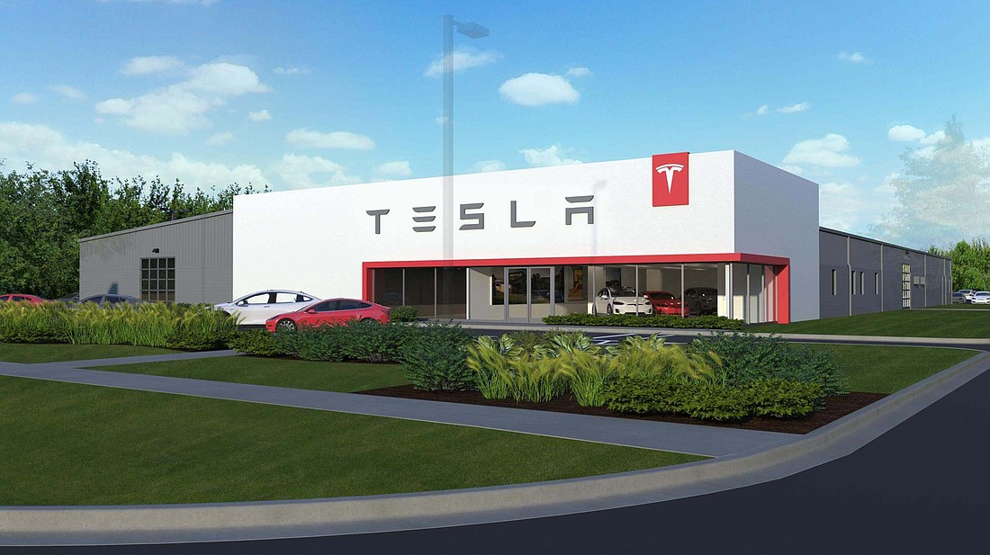 This is a rendering of a Tesla service center under development in Ann Arbor, Michigan. The same architect is designing the Jacksonville center.