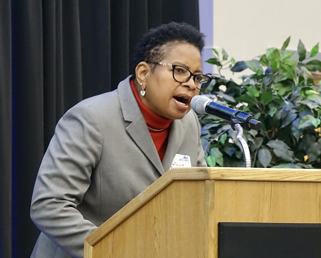 Printella Bankhead, president and founder of EBS Security Inc., speaks after being named Small Business Leader of 2022 by JAX Chamber on Feb. 8.