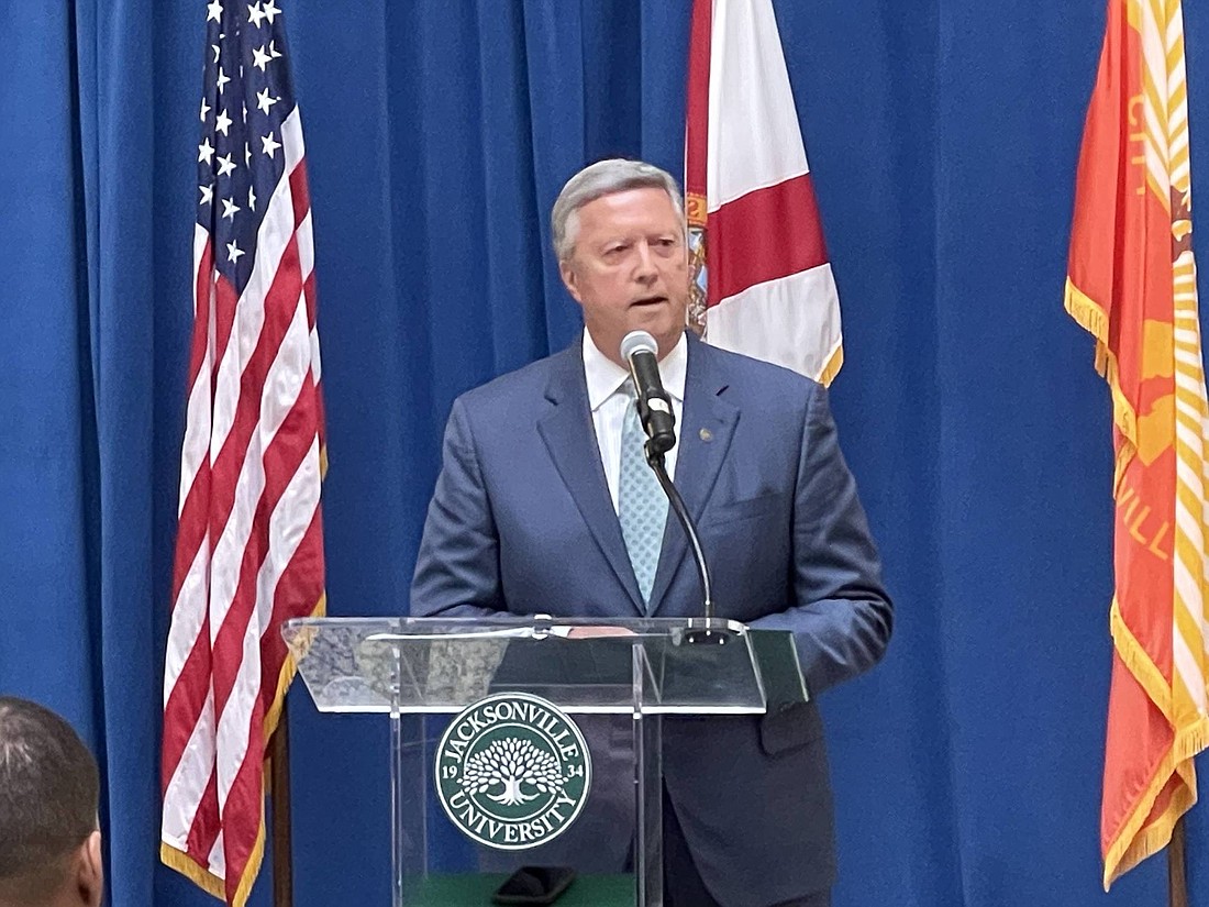 Jacksonville University President Tim Cost announces the new Downtown law school Feb. 28. (Photo by Mike Mendenhall)