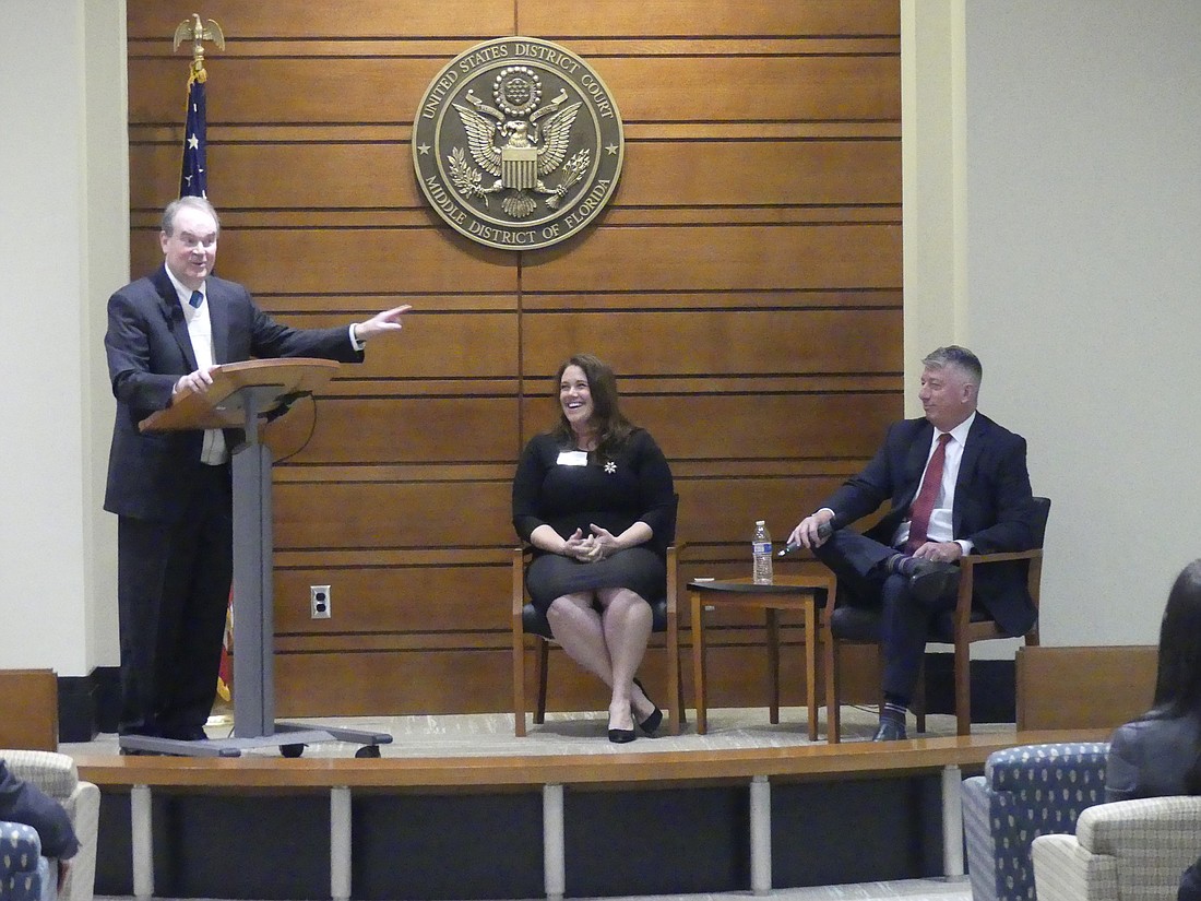 U.S. District Court, Middle District of Florida, Chief Judge Timothy Corrigan, at the lectern, with U.S. Magistrate Judge Laura Lothman Lambert and U.S. Bankruptcy Court Judge Jacob Brown.