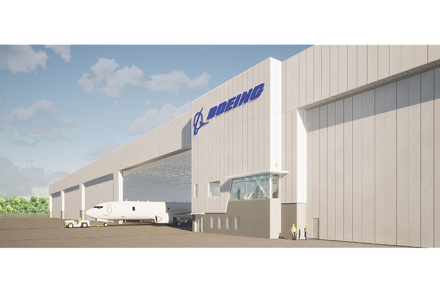 Rendering of a hangar at Boeingâ€™s next maintenance, repair and overhaul facility at Cecil Airport. The facility is scheduled to be completed in 2023.