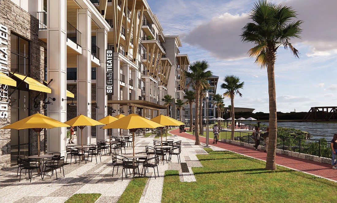 The tenant leasing brochure for One Riverside includes a rendering of the restaurant space planned for the development.