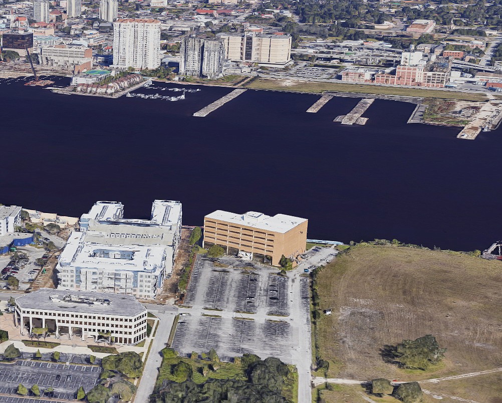 The Duval County Public Schools headquarters, center, on the Southbank of the St. Johns River. (Google)