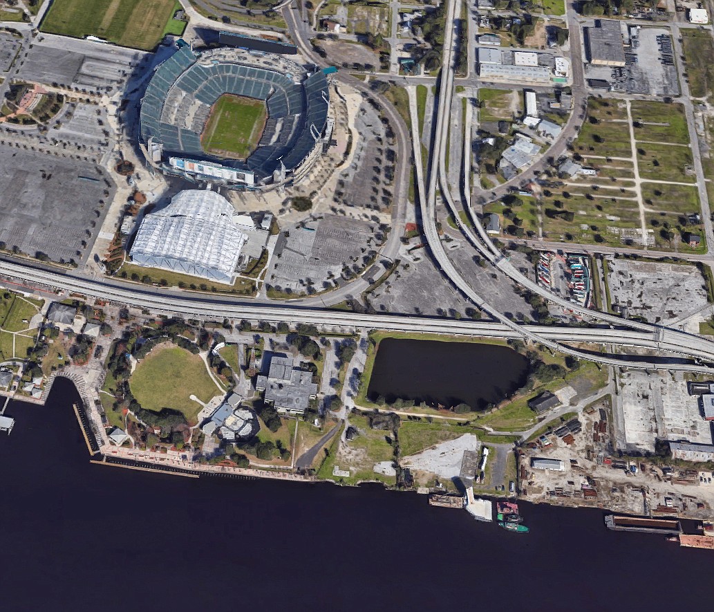 AR Polar Jacksonville LLC wants to acquire the city retention pond  east of the WJCT headquarters near TIAA Bank Field. (Google)
