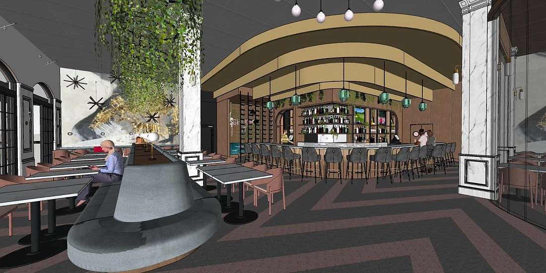 An interior rendering of the Gemma Fish + Oyster restaurant at East San Marco.