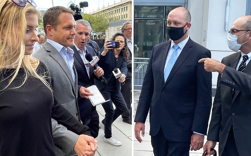 former JEA executives Aaron Zahn and Ryan Wannemacher leave the courtroom after pleading not guilty to federal wire fraud and conspiracy charges March 8.