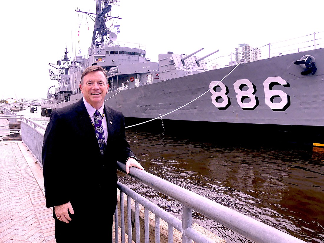 Jacksonville Historic Naval Ship Association President Daniel Bean at the USS Orleckâ€™s temporary berth along the Northbank Riverwalk Downtown.