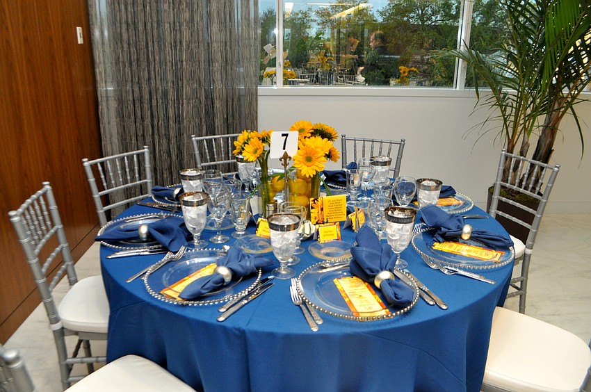 Tables were set up at PNC for Sarasota Orchestraâ€™s Visiting Artists Dinner Series event featuring Jean-Phillippe Collard and Mei-Ann Chen.
