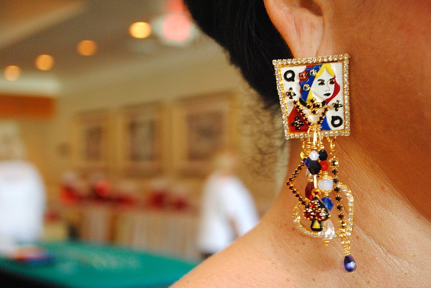 Sandra Ceshker wore â€˜King and Queenâ€™ earrings from Lunch by the Ritz to â€˜an Evening at Casino Royale.â€™
