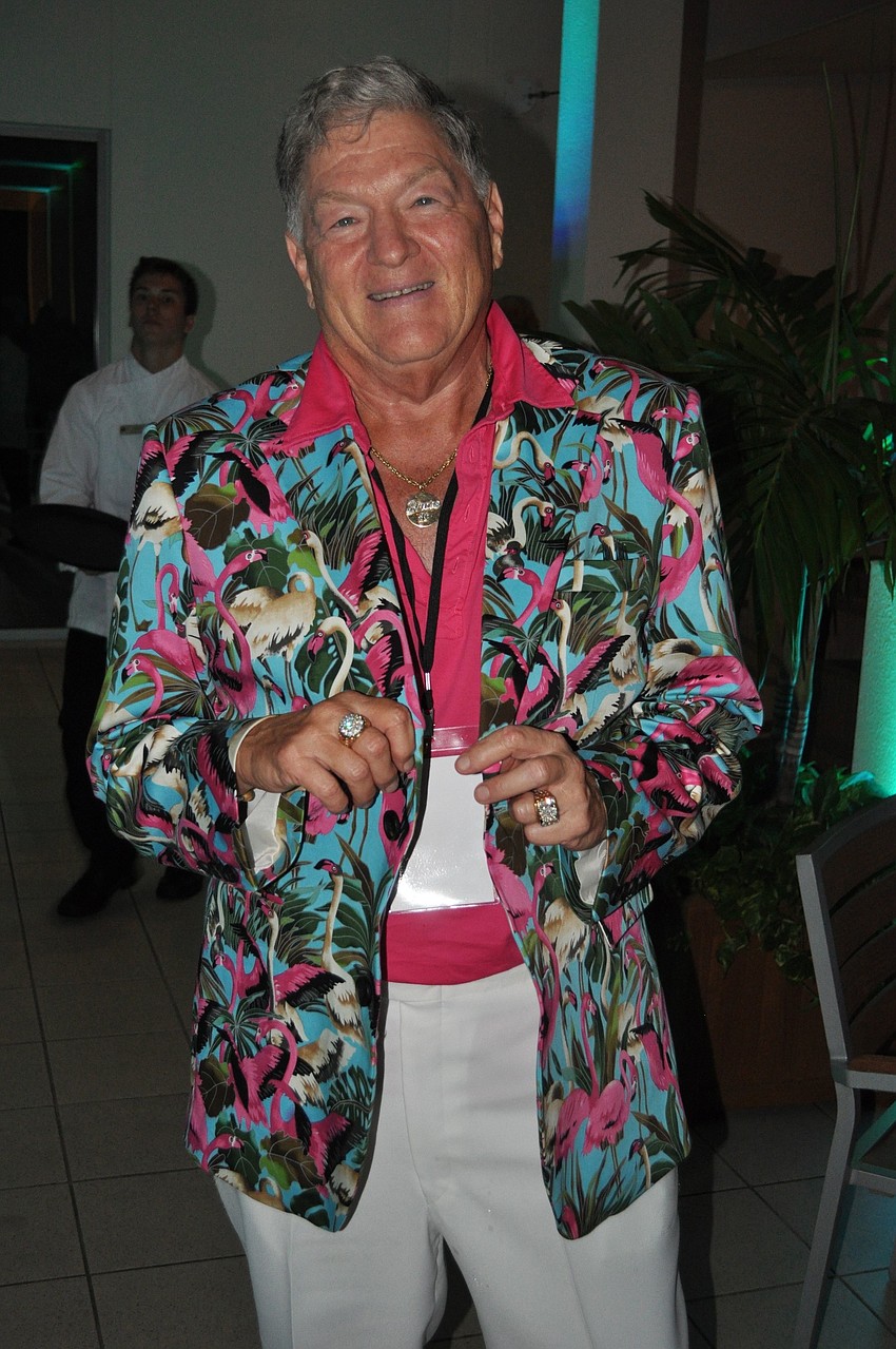Bruce Lesser models his flamingo jacket.
