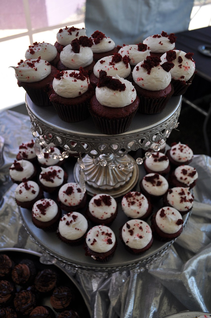 A tower of red velvet cupcakes from Sarasota Cupcake Company.
