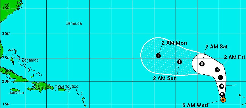 Hurricane Humberto is tracking westward at 12 miles per hour.