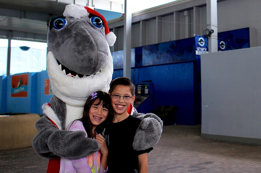 On Saturday, Nov. 30, Julia and Brandon Yu pose with Gilly the Shark.