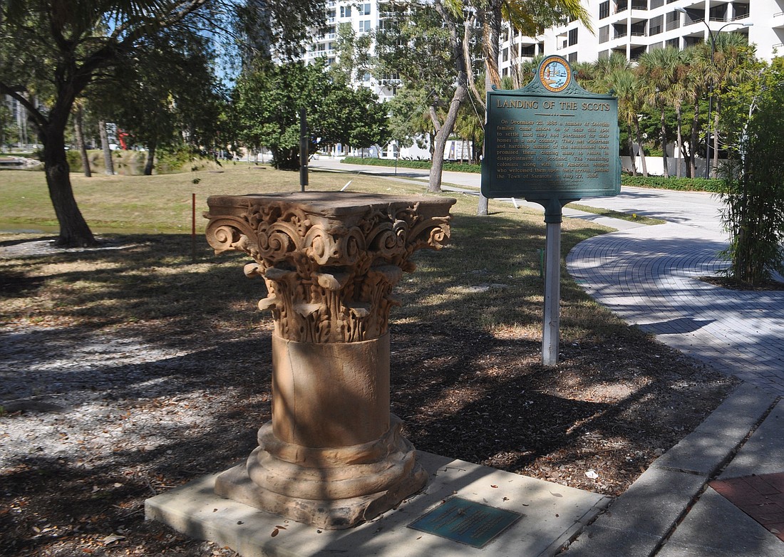 In its new location, the column sits next to a Sarasota County historical marker commemorating the 1885 landing of the Scots.