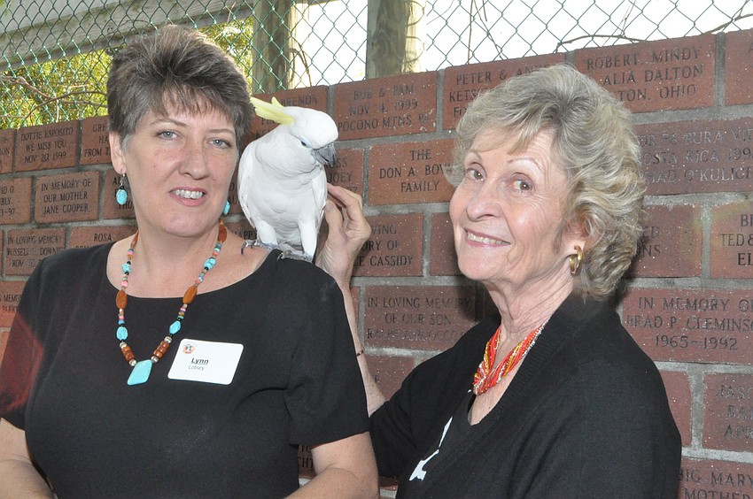 Lynn Lotsey and Bev Meadows with Kelly the cockatoo