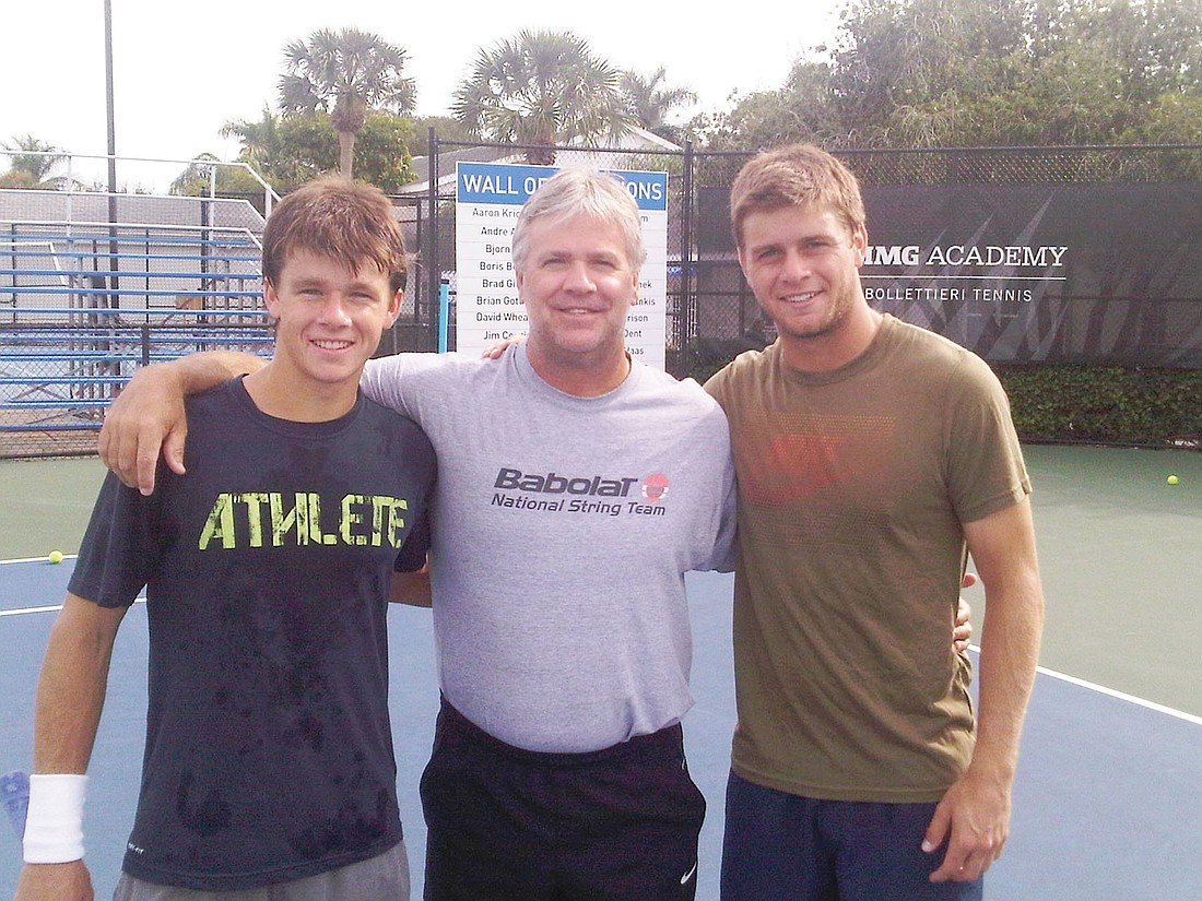 The Harrison brothers, Christian, left, and Ryan, right, are two local rising stars to watch in the Sarasota Open. They train with their father, Pat, center, at IMG Academy in Bradenton. Courtesy photo.