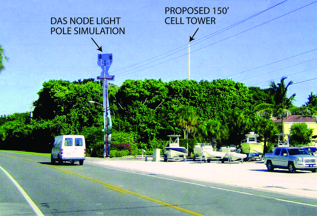 A photo simulation of what a DAS node on a light pole and a tower in the distance would look like from a motoristÃ¢â‚¬â„¢s viewpoint on Gulf of Mexico Drive.  Photo courtesy of Alpha Omega Communications LLC.
