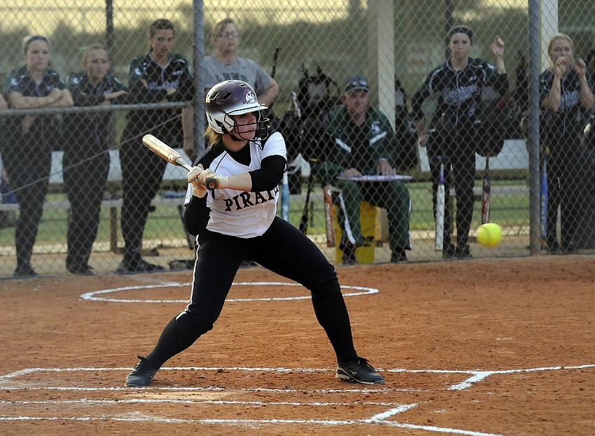 Braden Riverâ€™s Jessica Cadorette looks to make contact in the first inning.