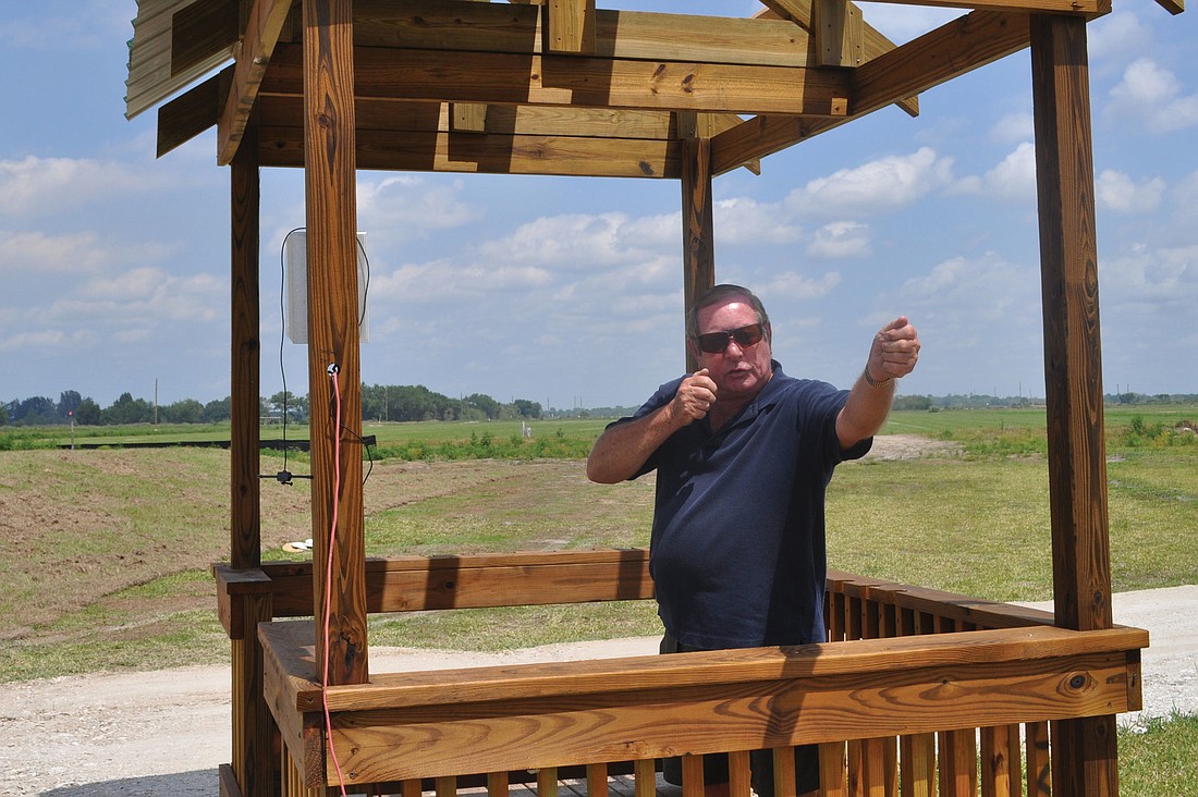 Ancient Oak Gun ClubÃ¢â‚¬â„¢s Ed Fallon demonstrates how to shoot on one of two courses. The courses contain shooting stations separated by 80 yards.